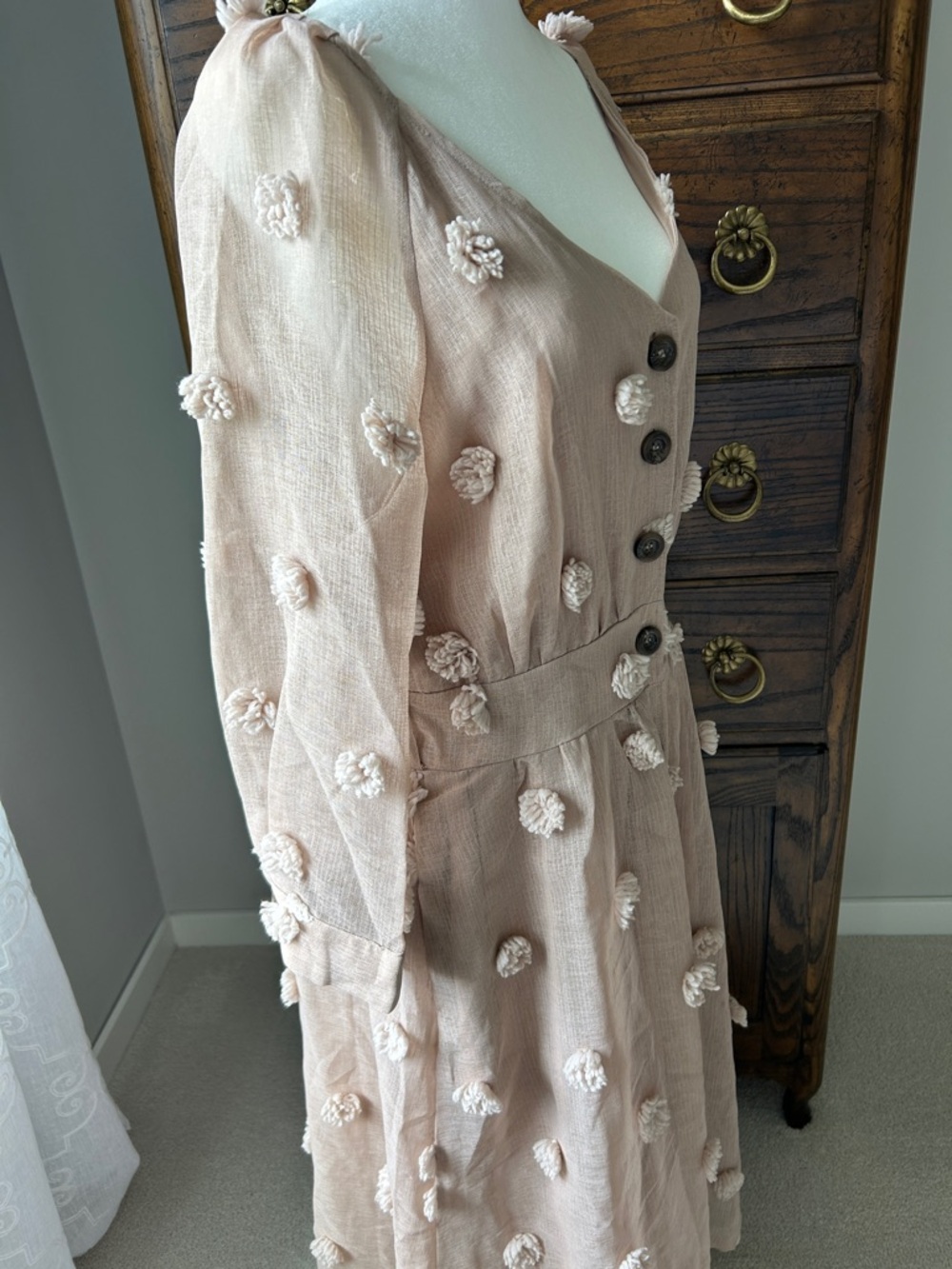 Listicle Boho Blush 3/4 Sleeve Button-Front Dress with Pom-Pom Details, Size L - Picture 4 of 12
